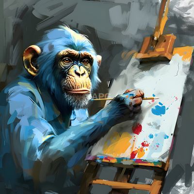 Blauer Schimpanse als Künstler am Staffelei